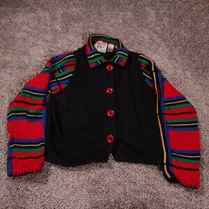 Michael Simon Cardigan Womens Petites Small Black Red Colorful Sleeves Sweater